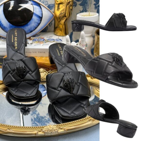 🆕 KURT GEIGER LONDON 🧿 NWOB Black Kensington Quilted Block Heel Sandal, Sz35 5 - Picture 1 of 16